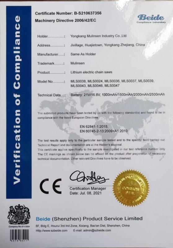 2006/42/EC - Yongkang Mulinsen Industry And Trade Co., Ltd.