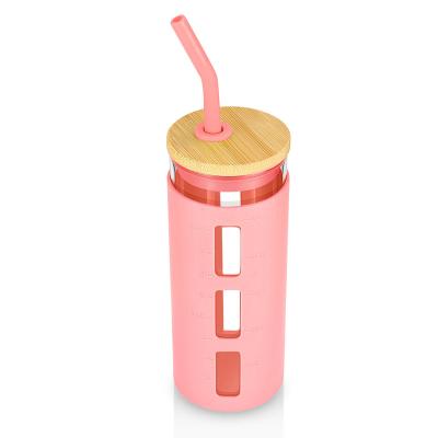 China 20oz/24oz Glass Tumbler BPA Viable Fashion Freestyle With Calibration Tail 20oz Glass Tumbler Silicone Protective Sleeve Bamboo Lid for sale