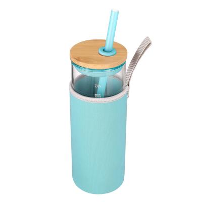 China Sustainable Portable 20OZ Colorful Glass Water Bottle With Bamboo Lid And Silicone Protective Sleeve for sale