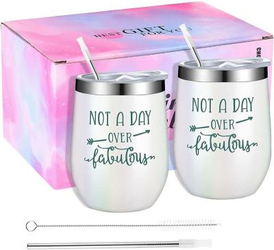 China PORTABLE Gift for Women 12oz Insulated Wine Tumbler Stemless Insulated Wine Glass with Spill Proof Lid and Two Stainless Steel Straw for sale