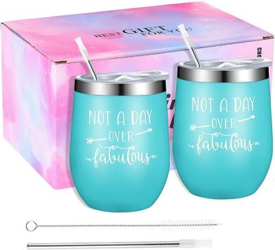 China PORTABLE Christmas Gift 12oz Insulated Wine Tumbler Stemless Insulated Wine Glass with Spill Proof Lid and Two Stainless Steel Straw for sale