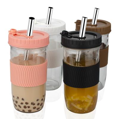 China 2021 Customized Viable Bamboo Lid Bubble Glass Tumbler Tea Straws 22 Ounce Reusable Milk Tea Boba Glass Cup for sale