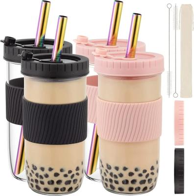 China Custom Wide Mouth Empty Viable 16oz 20oz 24oz Mason Glass Jars And Bottles For Boba Milk Tea Reusable Boba Tea Cup With Lids And Straw for sale