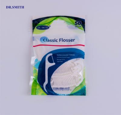 China DR.SMITH Disposable Floss Toothpick With UHMWPE Thread 50pcs Bag Packing Dental Floss Pick for sale