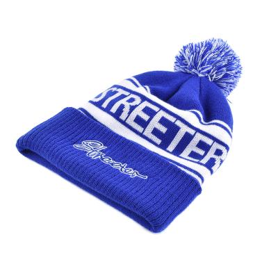 China OEM Striped Custom White Blue Interlock Knitted Beanies Kids Winter Hats With Pom Pom for sale