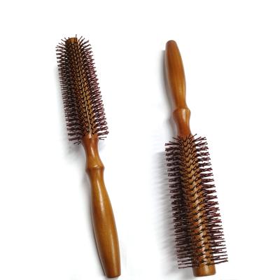 China Round Compact Wooden Barrel Hair Brush Nylon Pin Styling Brush for sale