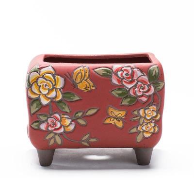 China Modern Rectangular Creative Green Hand Painted Ceramic Succulents Flowerpot Pottery Meat Air Permeable Rough Basin Personality for sale