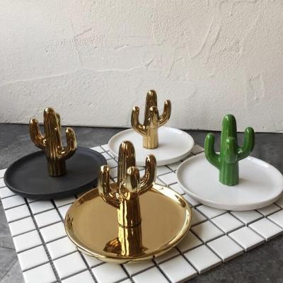 China Sculpt Home Decor Cactus Ring Holder Trinket Tray Ceramic Custom Jewelry Dish for sale