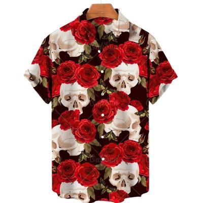 China Custom short sleeve fashion anti-pilling new 2023 summer wholesale loose ice silk beach wear men's T-shirt skull printing hawaiian shirt for sale