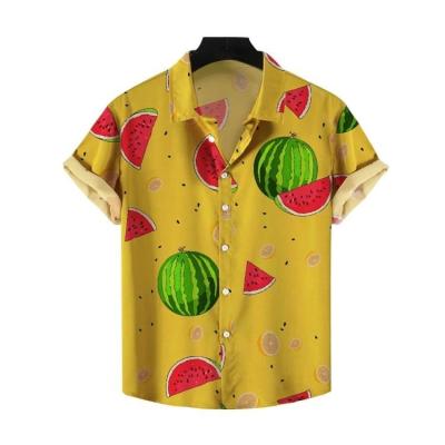 China Anti-pilling Relaxed Men Tailored Tropical Watermelon Print Hawaiian Oversized Shirt Mens Summer Shirts Hawaiian Shirt Cotton Silk Fabric for sale