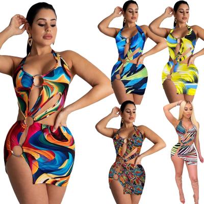 China Custom plus size plus size swimsuit lace up designer Sexy Swimwear Sublimation print colorful bikini dress hollow out with buckle for sale