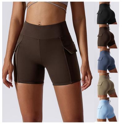 China Breathable Gym Running Yoga Shorts Women Fitness Pants High Waist Quick-Drying Nude Shorts Women's Cargo Shorts With Two PC Pocket for sale