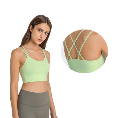 China Hot Selling Four Way Stretch Cross Ties Crop Sweat Top Sexy Black Running Fitness Yoga Wear Sports Bra for sale