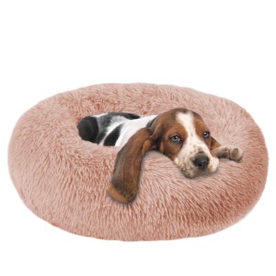 China Viable Long Plush Fluffy Pet Bed For Cat Puppy Donut Soothing Bed Anti Slip Dot Bottom Around Cat Bed for sale