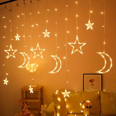 China Outdoor Indoor Outdoor Christmas Night Pattern Led Remote Control Curtain Lights Stars Moon Room Decoration String Lights for sale