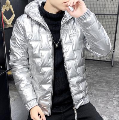 China Breathable New Arrivals Fall Winter Silver Bright Shiny Hooded Zipper Up Warm Pleated Stripper Jacket Men Casual Coat for sale