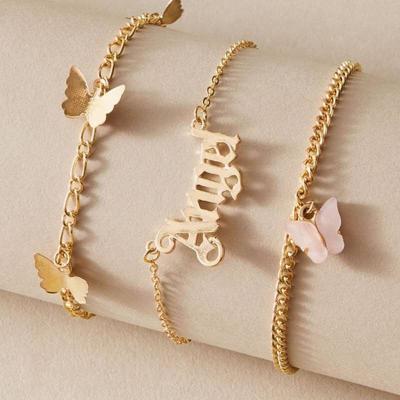 China New Arrival FASHIONABLE Three-Layer Gold Plated Pink Black Butterfly Angel Boho Anklet Sets for sale