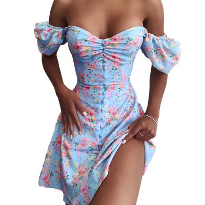 China 2021 Summer Dress Sky Blue Chest Women Short Skirt Lantern Sleeve Floral Wrapped Elegant Casual Outfits Floral Sexy Breathable Sexy Dress for sale