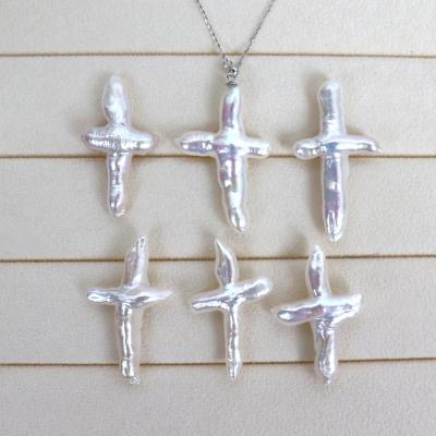 China Wholesale CLASSIC style natural baroque pearl cross pendant, good luster, sterling sliver chains, adjustable length for sale