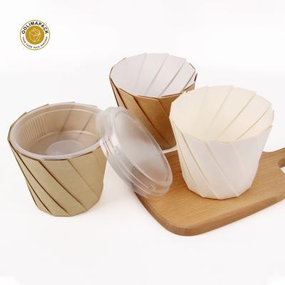 China Disposable 660ml Custom Disposable Take Out Kraft Paper White Paper Salad Cake Bowl 1 Compartment Fast Food Container With Lids for sale