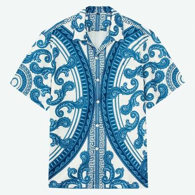 China Elegant Greek Collar Pattern Camp Design Anti-Pilling Floral Meander Printed Textured Fabric Baroque Short Sleeve Shirt For Men for sale