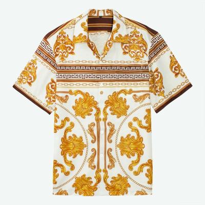 China Bold Luxury Camp Design Anti-Pilling Design Anti-Pilling Greek Pattern Meander Collar Printed Textured Fabric Baroque Short Sleeve Shirt For Men for sale