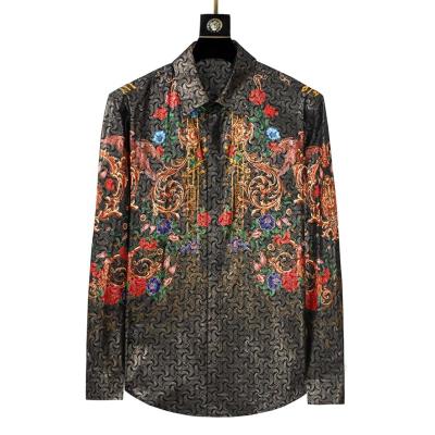 China Bold Luxury Metallic Greek Pattern Anti-Pilling Floral Nocturne Prom Design Button-Up Print Baroque Long Sleeve Shirt For Men for sale