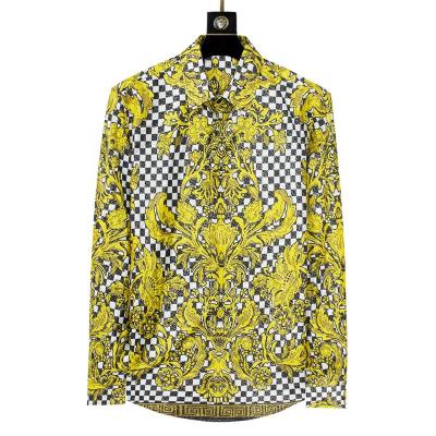 China Bold Design Anti-Pilling Metallic Button-Up Checkerboard Floral Print Luxury Floral Grid Printed Baroque Long Sleeve Shirt For Men for sale