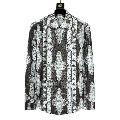 China Luxury Printed Button-up Pattern Design Elegant Metallic Greek Meander Anti-Pilling Printed Baroque Long Sleeve Shirt For Men for sale