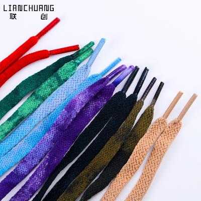 China Custom Flat Color Logo Printed Polyester Laces Length 140cm Flat Stretching Tie Dye Laces 160CM Packing Bag Available for sale