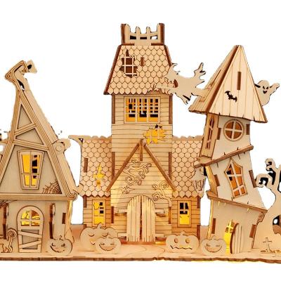 China Eco-Friendly Laser Cutting Wooden Halloween Decor 3D Model Haunted House Puzzles Assembly Model Building Kits For Adults And Kids for sale