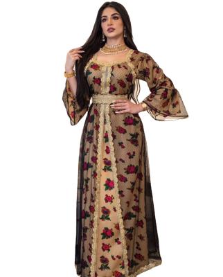 China Casual Muslim Kaftan Dresses Embroidered Floral Print Muslim Abaya Women Dress for sale