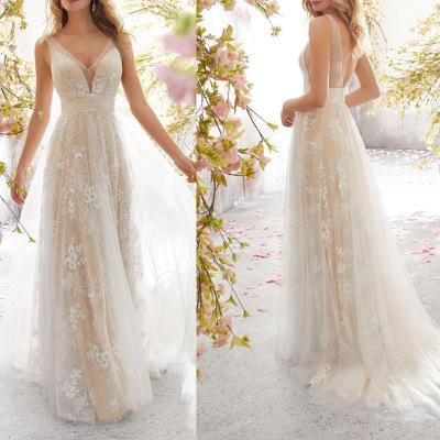 China New Arrival Anti-wrinkle Beautiful Deep V-Neck Plus Size Sleeveless Elegant Brides Dresses for sale