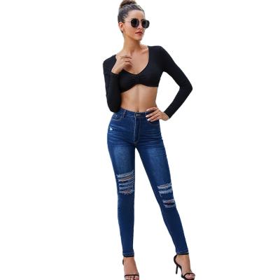 China Waterproof Culotte Ladies Pencil Waist Stretch High Jeans Ripped Skinny Jeans Long Denim Pants Women's Jeans for sale