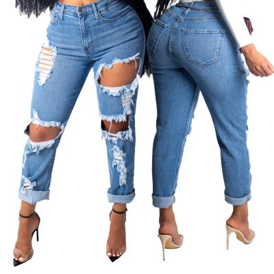 China New style waterproof ripped high waisted jeans hole fit straight jeans long slim stretch denim plus size women's jeans for sale