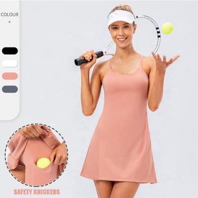 China Removable Dress Tennis Skirt Pad Workout Golf Dress Spandex Nylon Cross Back Sexy Tennis Dress for sale