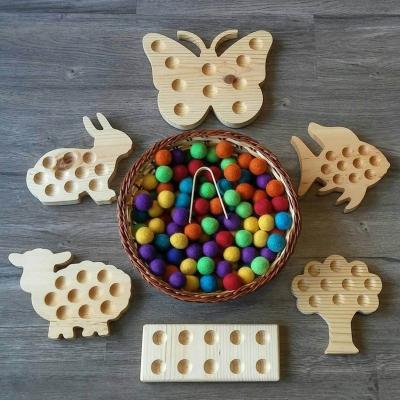 China Educational Toddler Toys Kids Wooden Board Matching Game with Animal Butterfly Felt Ball Rabbit Montessori Matching Toys Rainbow Bead Puzzle for Toddler for sale