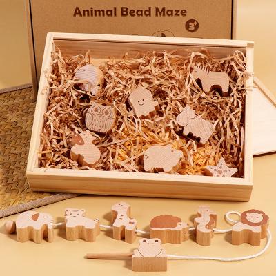 China Wooden Beaded Natural Beech Animal Stacking Toys Early Education Children Blocks Lacing Beads Toy Cognitive Wooden Blocks Sawing Toys for sale