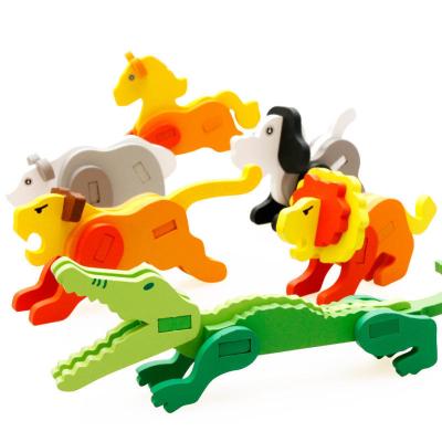 China DIY TOY Baby Wooden Animal Puzzle Blocks Building Block Colorful Game 3D Puzzle Educational Toy for sale