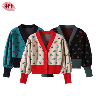 China Anti-Wrinkle Women Autumn Sweet Sweater Coat Cherry Pattern New Knitted Cardigan Short for sale