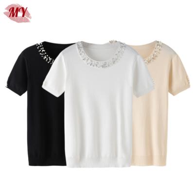 China 2022 new Anti-wrinkle women spring crew neck beading knit thin sleeve top short summer knit T-shirt for sale