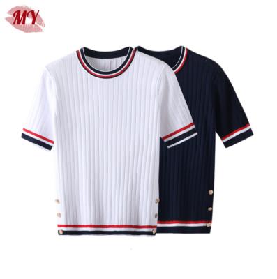 China 2022 New Anti-Wrinkle Spring Summer Short Sleeve Rib Knit Top Crew Neck Side Buttons Knitted T-Shirt for sale