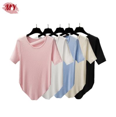 China Anti-Wrinkle Women Summer Solid Short Sleeve Knit Top Asymmetric Trim Round Neck T-Shirt for sale