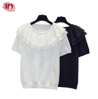 China New Summer Women Anti-Wrinkle Soft Tops Summer Slim Short Sleeve Knitted Ruffles T-shirt for sale