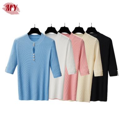 China Anti-Wrinkle Women Summer Solid Short Sleeve Rib Knit Top Round Neck Slim T-Shirt for sale