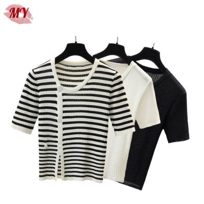 China Anti-Wrinkle Women Summer Pullover Button Front Casual Knit Slim Striped T-Shirt for sale