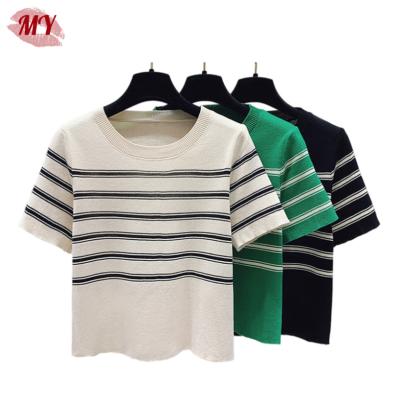 China Anti-Wrinkle Women Summer New Slim Stripes Knit Top Short Round Neck Slim Casual T-Shirt for sale