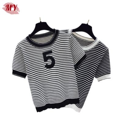 China Anti-wrinkle Women New Round Neck Letter Embroidery Striped Shirt Shorts Sheath Casual Summer Knit Tops for sale