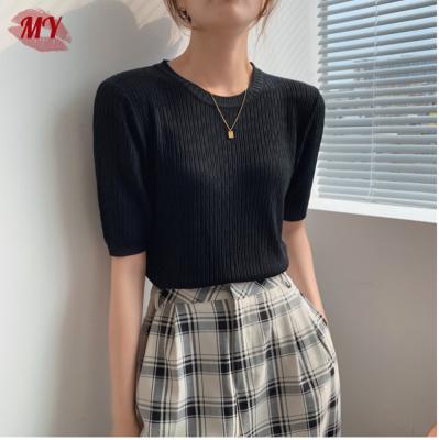 China Anti-Wrinkle Summer Shorts Sleeve Solid Knitted T-Shirt Women Loose Design Casual Top for sale