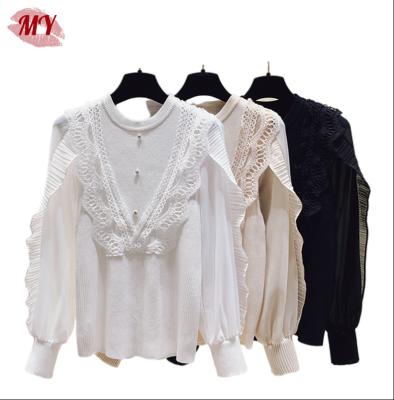 China Women's Anti-Pilling Springs Soft Chiffon Sleeve Knit Top Crewneck Ruffled Stretched Blouse for sale